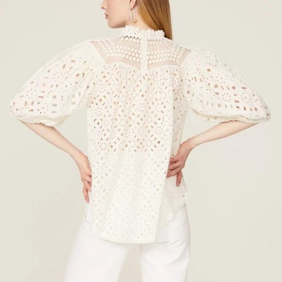 AllSaints Tila Top Broderie Embellished Sheer Puff Sleeve Cotton Blouse White 6 - Picture 2 of 9